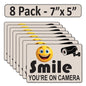8 Pack 5"x7" Laminated Vinyl Beige "Smile You're On Camera" Video Surveillance Labels Stickers Sign Decals Security Sign for Home, Business, Cars, Windows, and CCTV Systems