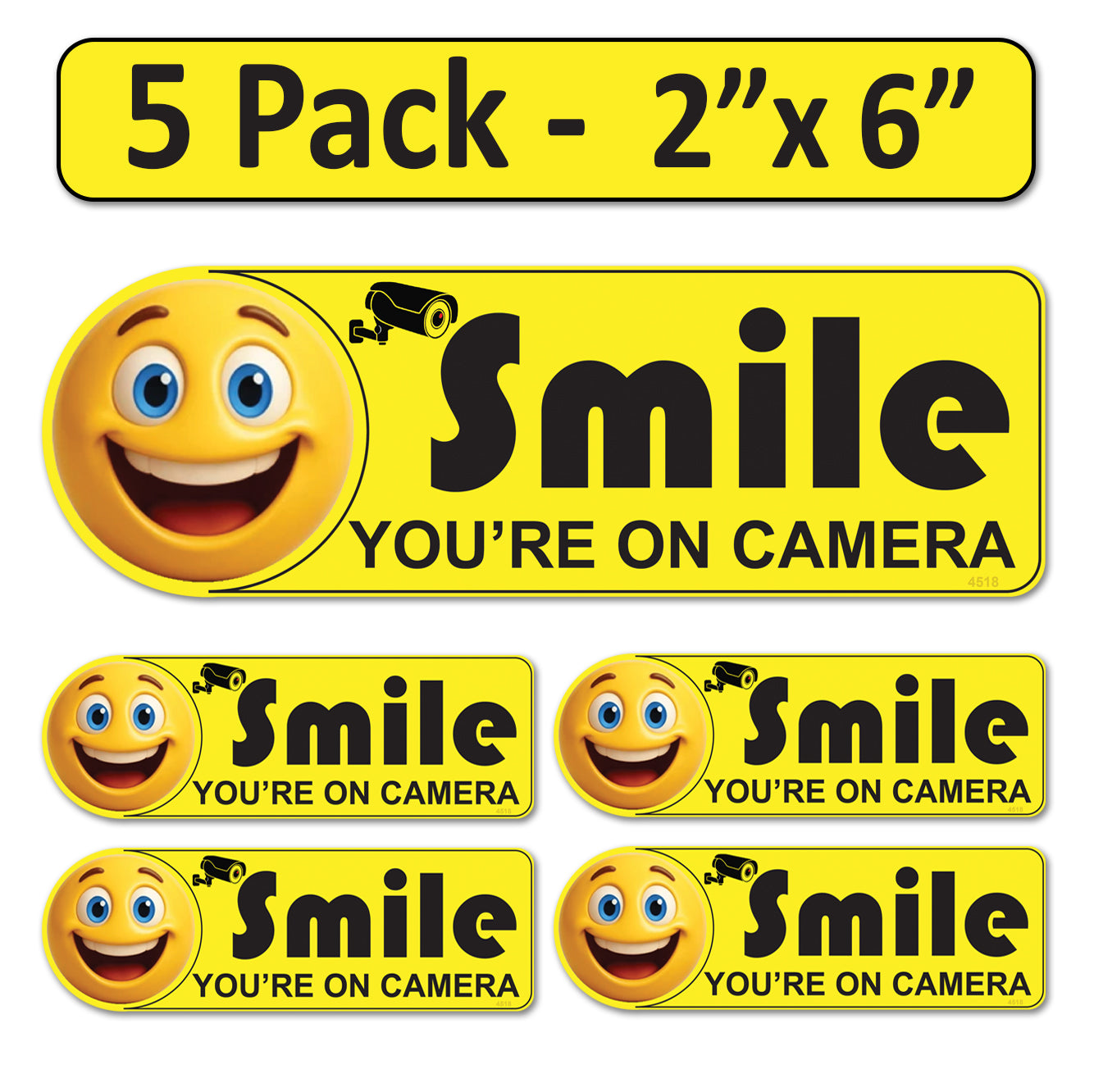 5 Pack 2"x6" Laminated Vinyl Yellow "Smile You're On Camera" Video Surveillance Labels Stickers Sign Decals Security Sign for Home, Business, Cars, Windows, and CCTV Systems