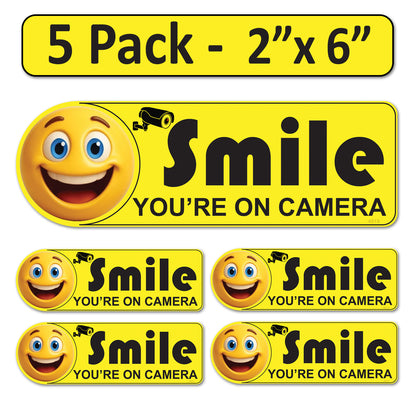 5 Pack 2"x6" Laminated Vinyl Yellow "Smile You're On Camera" Video Surveillance Labels Stickers Sign Decals Security Sign for Home, Business, Cars, Windows, and CCTV Systems