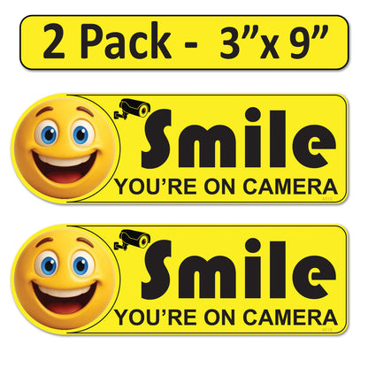 2 Pack 3"x9" Laminated Vinyl Yellow "Smile You're On Camera" Video Surveillance Labels Stickers Sign Decals Security Sign for Home, Business, Cars, Windows, and CCTV Systems