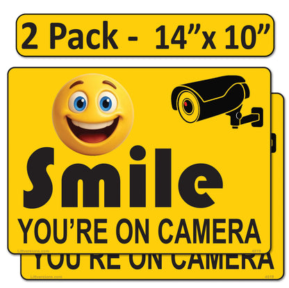 2 Pack 10"x14" Laminated Vinyl Yellow "Smile You're On Camera" Video Surveillance Labels Stickers Sign Decals Security Sign for Home, Business, Cars, Windows, and CCTV Systems