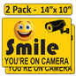 2 Pack 10"x14" Laminated Vinyl Yellow "Smile You're On Camera" Video Surveillance Labels Stickers Sign Decals Security Sign for Home, Business, Cars, Windows, and CCTV Systems