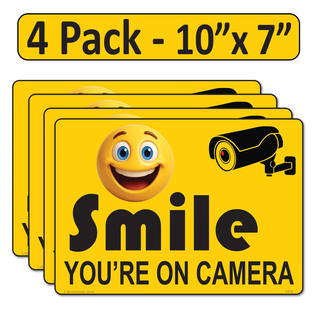 4 Pack 7"x10" Laminated Vinyl Yellow "Smile You're On Camera" Video Surveillance Labels Stickers Sign Decals Security Sign for Home, Business, Cars, Windows, and CCTV Systems
