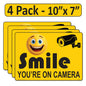 4 Pack 7"x10" Laminated Vinyl Yellow "Smile You're On Camera" Video Surveillance Labels Stickers Sign Decals Security Sign for Home, Business, Cars, Windows, and CCTV Systems