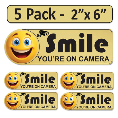 5 Pack 2"x6" Laminated Vinyl Gold "Smile You're On Camera" Video Surveillance Labels Stickers Sign Decals Security Sign for Home, Business, Cars, Windows, and CCTV Systems