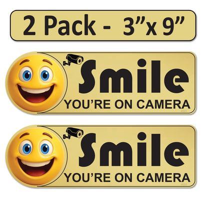 2 Pack 3"x9" Laminated Vinyl Gold "Smile You're On Camera" Video Surveillance Labels Stickers Sign Decals Security Sign for Home, Business, Cars, Windows, and CCTV Systems