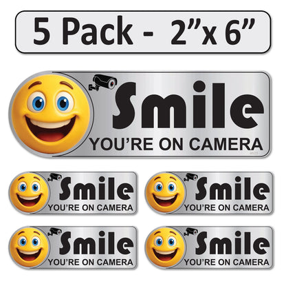 5 Pack 2"x6" Laminated Vinyl Silver "Smile You're On Camera" Video Surveillance Labels Stickers Sign Decals Security Sign for Home, Business, Cars, Windows, and CCTV Systems