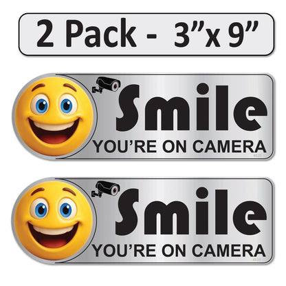 2 Pack 3"x9" Laminated Vinyl Silver "Smile You're On Camera" Video Surveillance Labels Stickers Sign Decals Security Sign for Home, Business, Cars, Windows, and CCTV Systems
