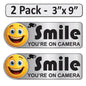 2 Pack 3"x9" Laminated Vinyl Silver "Smile You're On Camera" Video Surveillance Labels Stickers Sign Decals Security Sign for Home, Business, Cars, Windows, and CCTV Systems