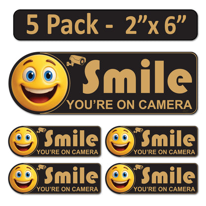 5 Pack 2"x6" Laminated Vinyl Black "Smile You're On Camera" Video Surveillance Labels Stickers Sign Decals Security Sign for Home, Business, Cars, Windows, and CCTV Systems