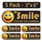 5 Pack 2"x6" Laminated Vinyl Black "Smile You're On Camera" Video Surveillance Labels Stickers Sign Decals Security Sign for Home, Business, Cars, Windows, and CCTV Systems