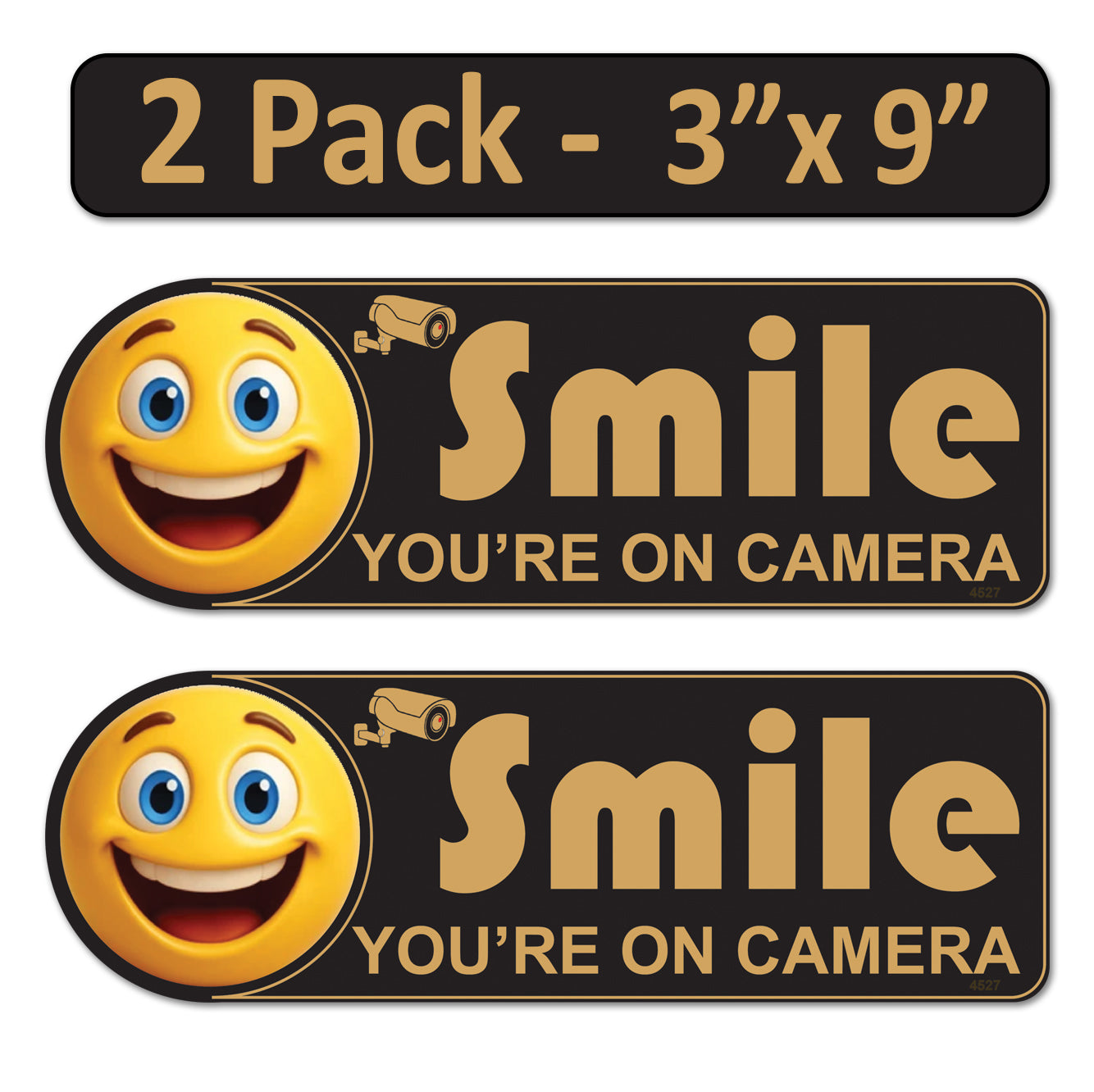 2 Pack 3"x9" Laminated Vinyl Black "Smile You're On Camera" Video Surveillance Labels Stickers Sign Decals Security Sign for Home, Business, Cars, Windows, and CCTV Systems