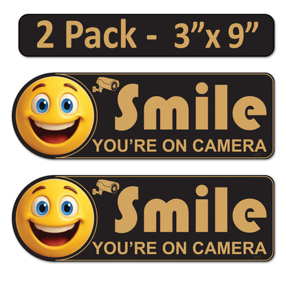 2 Pack 3"x9" Laminated Vinyl Black "Smile You're On Camera" Video Surveillance Labels Stickers Sign Decals Security Sign for Home, Business, Cars, Windows, and CCTV Systems