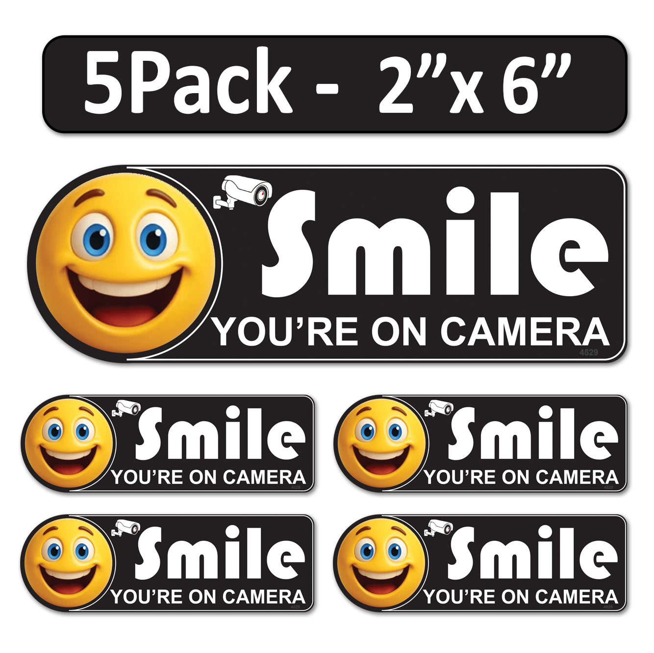 5 Pack 2"x6" Laminated Vinyl White&Black "Smile You're On Camera" Video Surveillance Labels Stickers Sign Decals Security Sign for Home, Business, Cars, Windows, and CCTV Systems