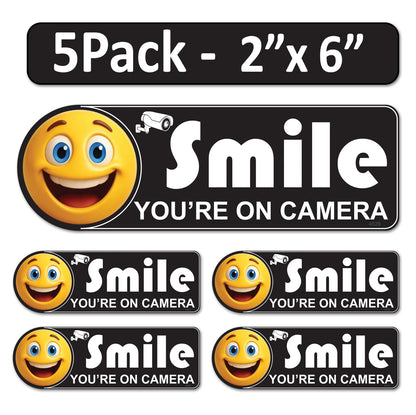 5 Pack 2"x6" Laminated Vinyl White&Black "Smile You're On Camera" Video Surveillance Labels Stickers Sign Decals Security Sign for Home, Business, Cars, Windows, and CCTV Systems