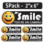 5 Pack 2"x6" Laminated Vinyl White&Black "Smile You're On Camera" Video Surveillance Labels Stickers Sign Decals Security Sign for Home, Business, Cars, Windows, and CCTV Systems