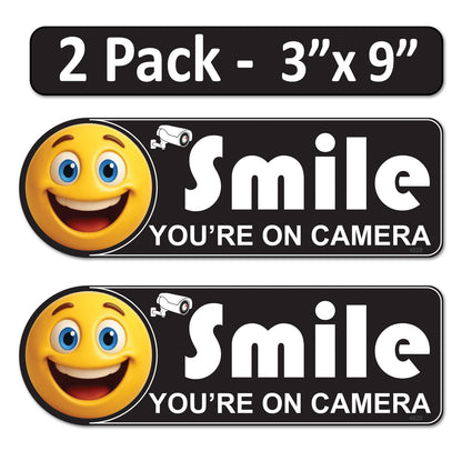 2 Pack 3"x9" Laminated Vinyl White&Black "Smile You're On Camera" Video Surveillance Labels Stickers Sign Decals Security Sign for Home, Business, Cars, Windows, and CCTV Systems