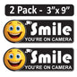 2 Pack 3"x9" Laminated Vinyl White&Black "Smile You're On Camera" Video Surveillance Labels Stickers Sign Decals Security Sign for Home, Business, Cars, Windows, and CCTV Systems