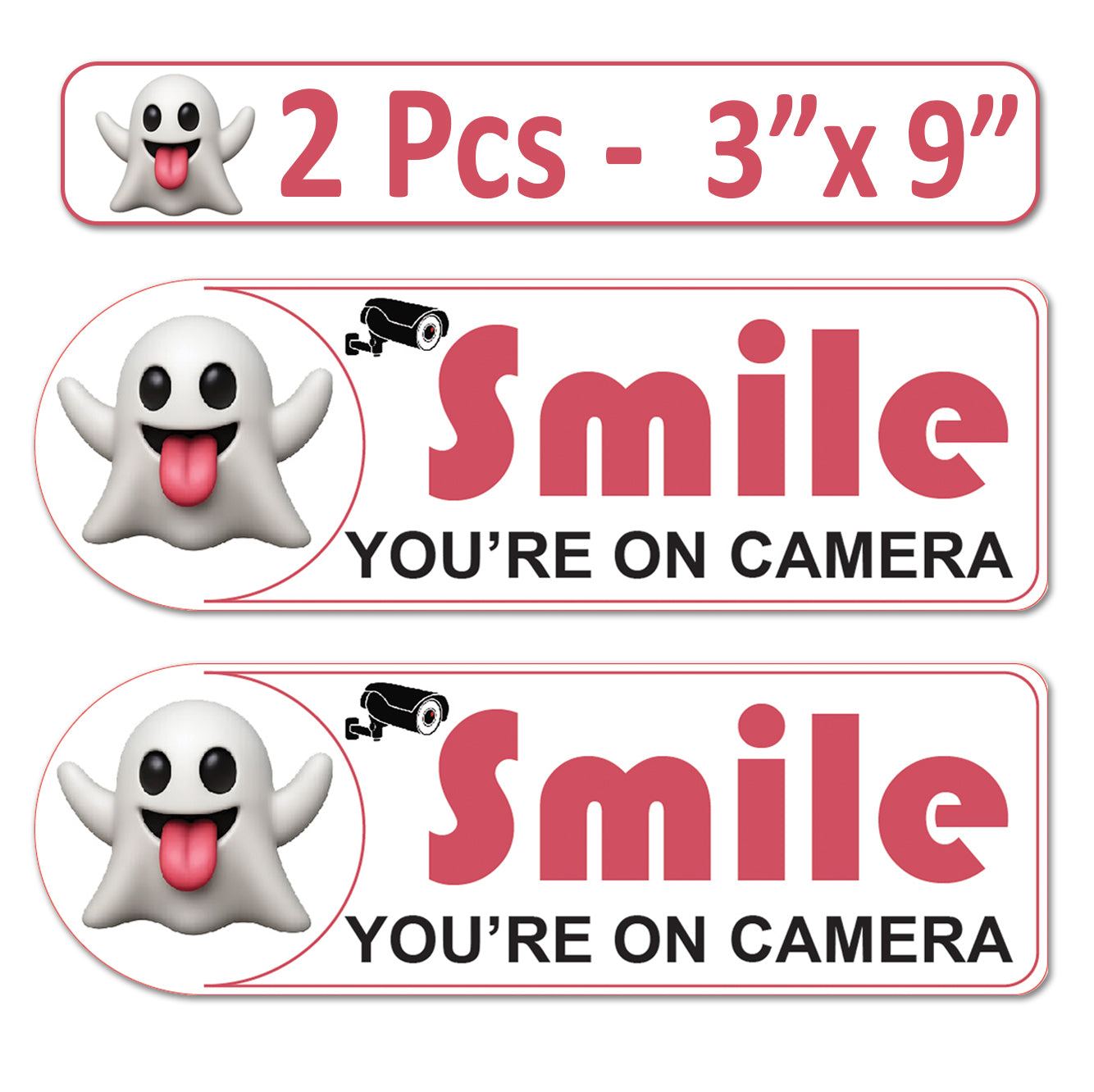 2 Pack 3"x9" Laminated Vinyl Funny Ghost "Smile You're On Camera" Video Surveillance Labels Stickers Sign Decals Security Sign for Home, Business, Cars, Windows, and CCTV Systems