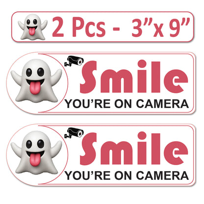 2 Pack 3"x9" Laminated Vinyl Funny Ghost "Smile You're On Camera" Video Surveillance Labels Stickers Sign Decals Security Sign for Home, Business, Cars, Windows, and CCTV Systems