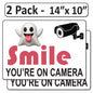 2 Pack 10"x14" Laminated Vinyl Funny Ghost "Smile You're On Camera" Video Surveillance Labels Stickers Sign Decals Security Sign for Home, Business, Cars, Windows, and CCTV Systems