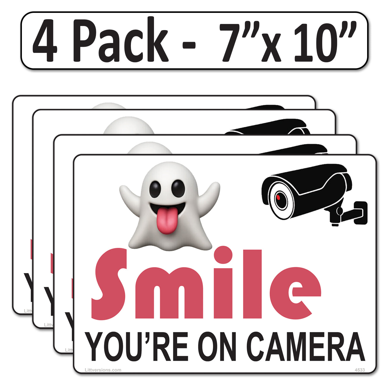 4 Pack 7"x10" Laminated Vinyl Funny Ghost "Smile You're On Camera" Video Surveillance Labels Stickers Sign Decals Security Sign for Home, Business, Cars, Windows, and CCTV Systems