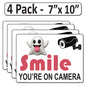 4 Pack 7"x10" Laminated Vinyl Funny Ghost "Smile You're On Camera" Video Surveillance Labels Stickers Sign Decals Security Sign for Home, Business, Cars, Windows, and CCTV Systems
