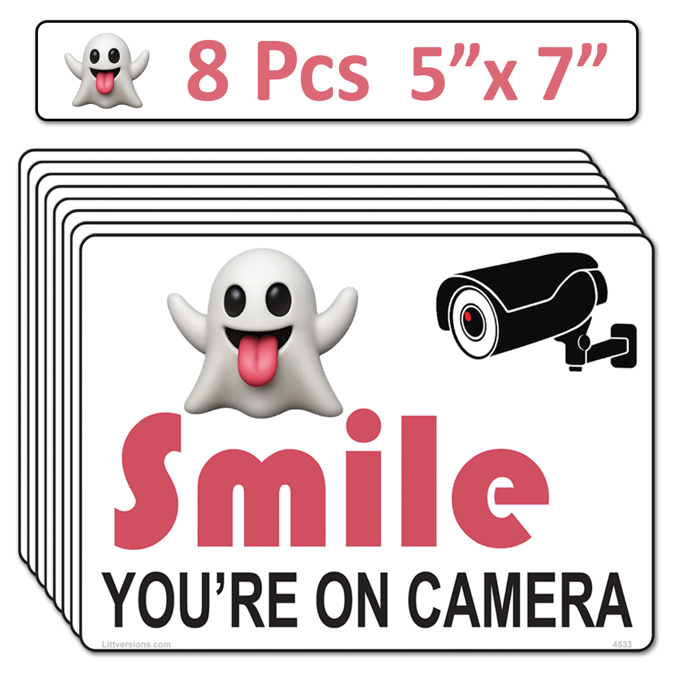 8 Pack 5"x7" Laminated Vinyl Funny Ghost "Smile You're On Camera" Video Surveillance Labels Stickers Sign Decals Security Sign for Home, Business, Cars, Windows, and CCTV Systems