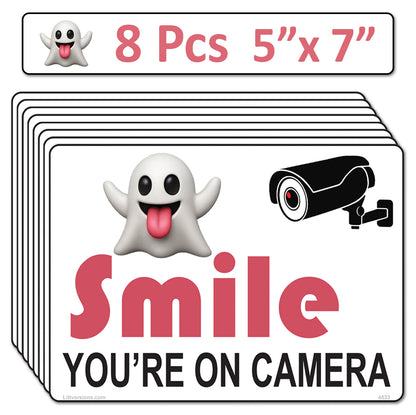 8 Pack 5"x7" Laminated Vinyl Funny Ghost "Smile You're On Camera" Video Surveillance Labels Stickers Sign Decals Security Sign for Home, Business, Cars, Windows, and CCTV Systems