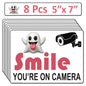 8 Pack 5"x7" Laminated Vinyl Funny Ghost "Smile You're On Camera" Video Surveillance Labels Stickers Sign Decals Security Sign for Home, Business, Cars, Windows, and CCTV Systems
