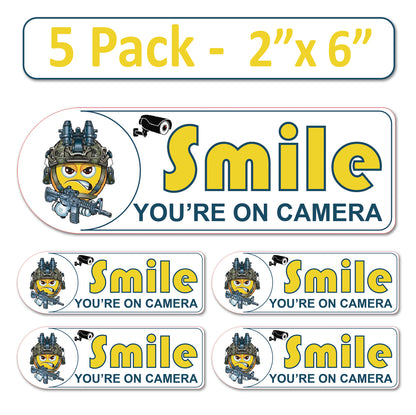 5 Pack 2"x6" Laminated Vinyl Funny Angry face "Smile You're On Camera" Video Surveillance Labels Stickers Sign Decals Security Sign for Home, Business, Cars, Windows, and CCTV Systems