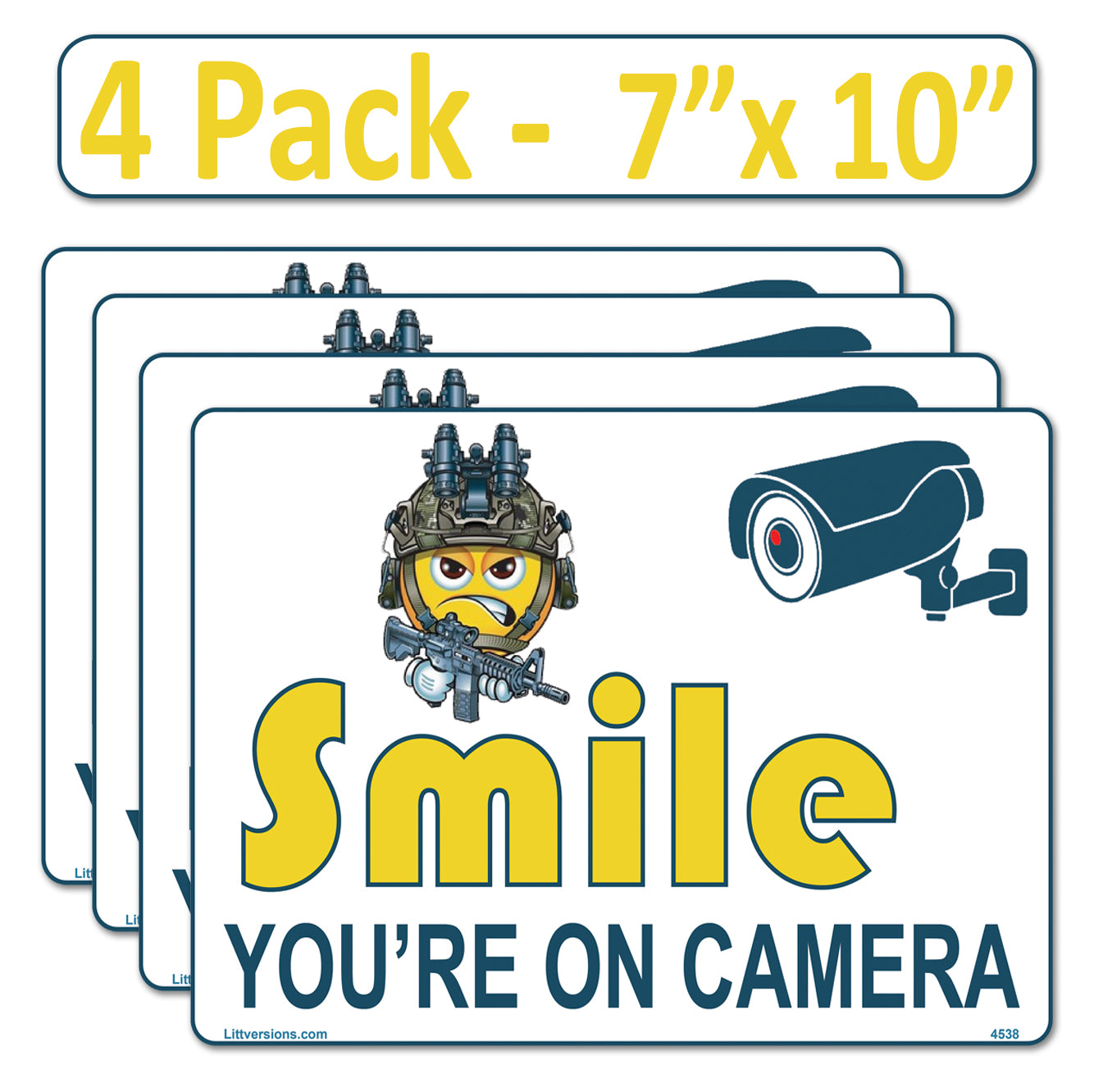 4 Pack 7"x10" Laminated Vinyl Funny Angry Face "Smile You're On Camera" Video Surveillance Labels Stickers Sign Decals Security Sign for Home, Business, Cars, Windows, and CCTV Systems