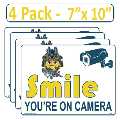 4 Pack 7"x10" Laminated Vinyl Funny Angry Face "Smile You're On Camera" Video Surveillance Labels Stickers Sign Decals Security Sign for Home, Business, Cars, Windows, and CCTV Systems
