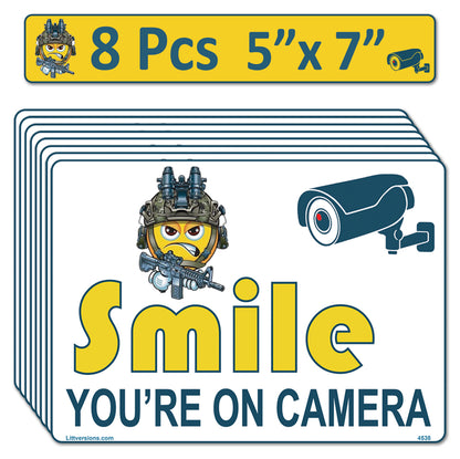 8 Pack 5"x7" Laminated Vinyl Funny Angry Face "Smile You're On Camera" Video Surveillance Labels Stickers Sign Decals Security Sign for Home, Business, Cars, Windows, and CCTV Systems