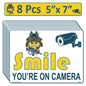 8 Pack 5"x7" Laminated Vinyl Funny Angry Face "Smile You're On Camera" Video Surveillance Labels Stickers Sign Decals Security Sign for Home, Business, Cars, Windows, and CCTV Systems