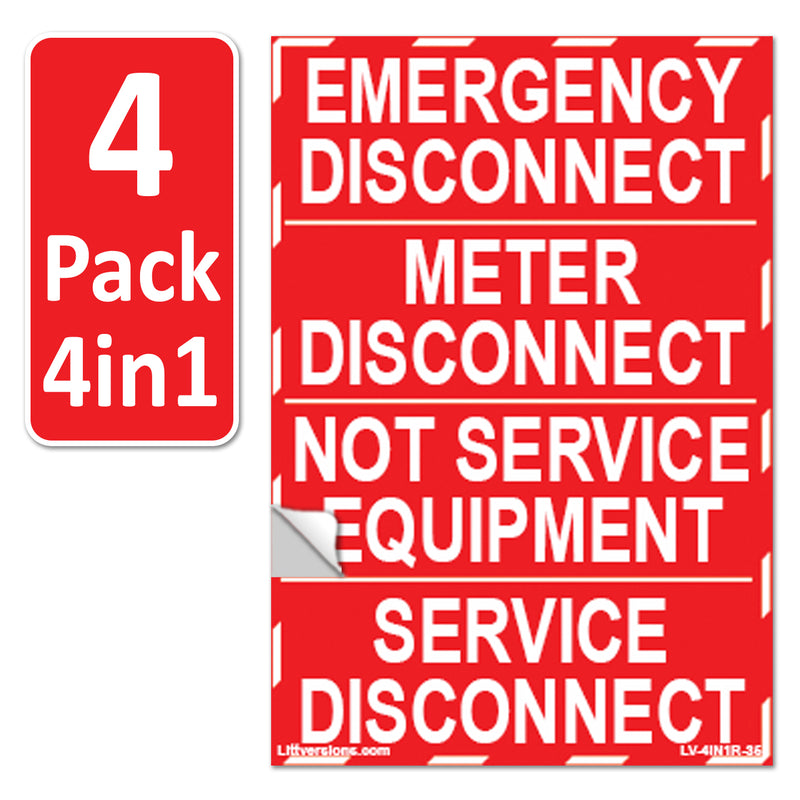 3.5"x 1.25" 4 Pack Emergency Service Meter Disconnect NOT Service Equipment Label 44-944-945 NEC Compliant