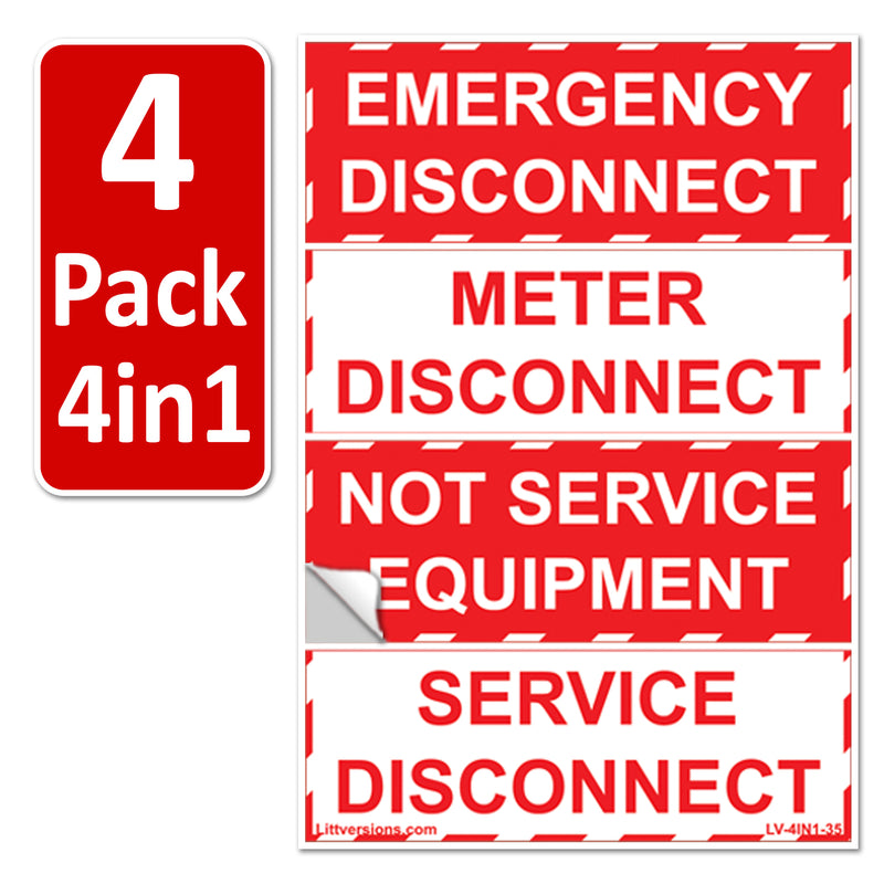 3.5"x 1.25" 4 Pack Emergency Service Meter Disconnect NOT Service Equipment Label 44-944-945 NEC Compliant