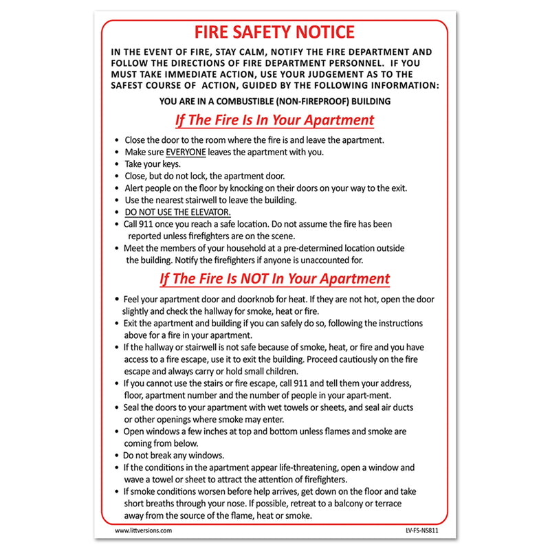 Emergency Preparedness Fire Safety Notice 6x9"/8.5x11" Red/White - Non-Fireproof Building NYC HPD & FDNY Compliant Waterproof Vinyl Sticker - Self-Adhesive Label for Apartment Buildings, Fire Doors, & Walls