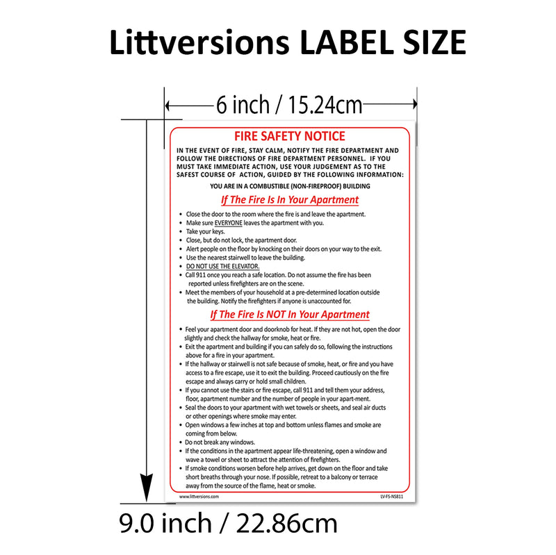 Emergency Preparedness Fire Safety Notice 6x9"/8.5x11" Red/White - Non-Fireproof Building NYC HPD & FDNY Compliant Waterproof Vinyl Sticker - Self-Adhesive Label for Apartment Buildings, Fire Doors, & Walls