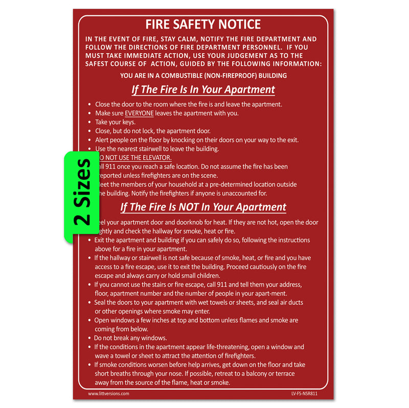 Emergency Preparedness Fire Safety Notice 6x9"/8.5x11" Red/White - Non-Fireproof Building NYC HPD & FDNY Compliant Waterproof Vinyl Sticker - Self-Adhesive Label for Apartment Buildings, Fire Doors, & Walls