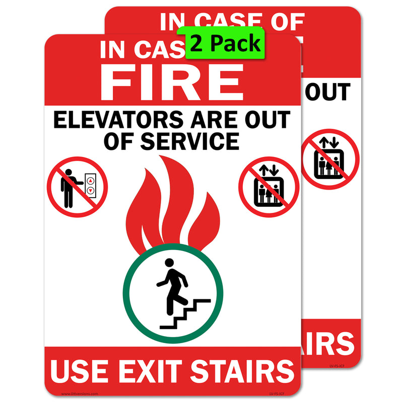 In Case of Fire Use Stairs Elevators Out of Service 5x7/7x10/10x14" Vinyl Label Sign Sticker ANSI/OSHA Compliant Notice – Black & Red on White Weatherproof Self-Adhesive Safety Decal