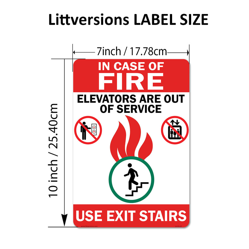 In Case of Fire Use Stairs Elevators Out of Service 5x7/7x10/10x14" Vinyl Label Sign Sticker ANSI/OSHA Compliant Notice – Black & Red on White Weatherproof Self-Adhesive Safety Decal
