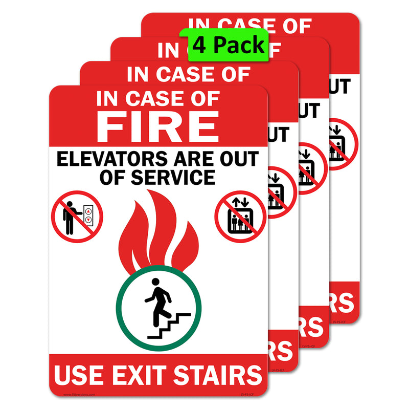 In Case of Fire Use Stairs Elevators Out of Service 5x7/7x10/10x14" Vinyl Label Sign Sticker ANSI/OSHA Compliant Notice – Black & Red on White Weatherproof Self-Adhesive Safety Decal