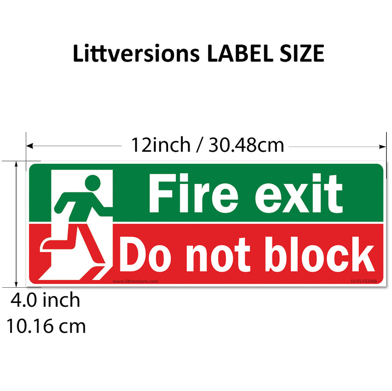 Fire Exit Do Not Block 2x6/3x9/4x12" Sign Label, Keep Clear at All Times Safety Decal, Red, Green & White Permanent Self Adhesive Vinyl | Weatherproof Industrial Door Sticker for Commercial Use