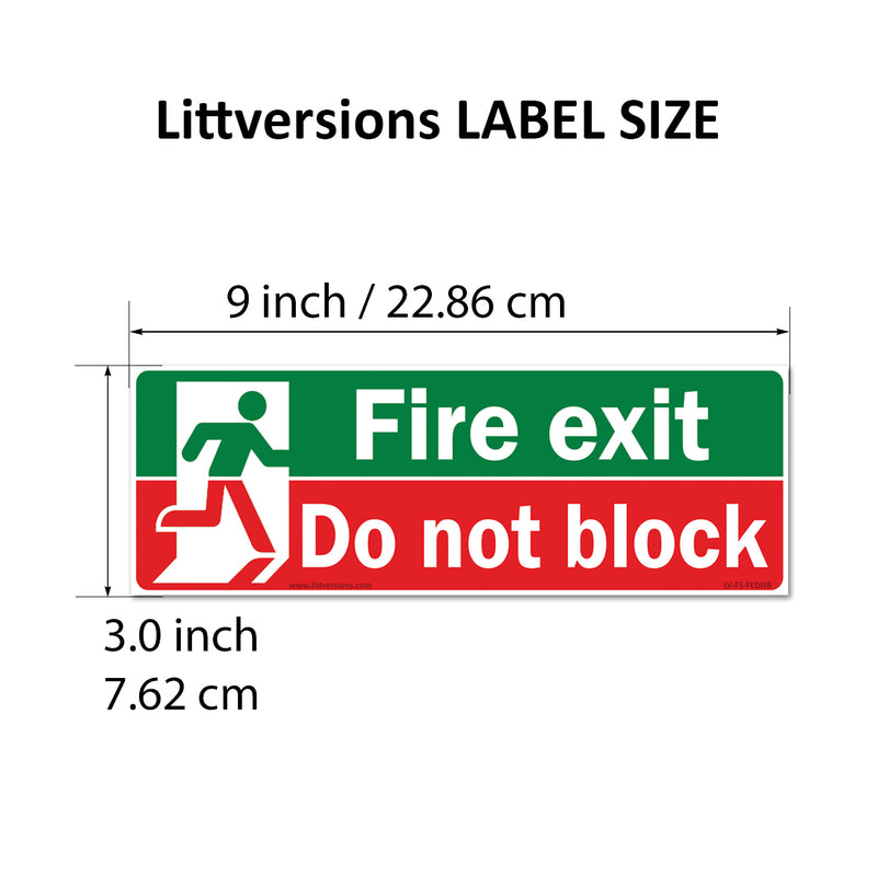 Fire Exit Do Not Block 2x6/3x9/4x12" Sign Label, Keep Clear at All Times Safety Decal, Red, Green & White Permanent Self Adhesive Vinyl | Weatherproof Industrial Door Sticker for Commercial Use