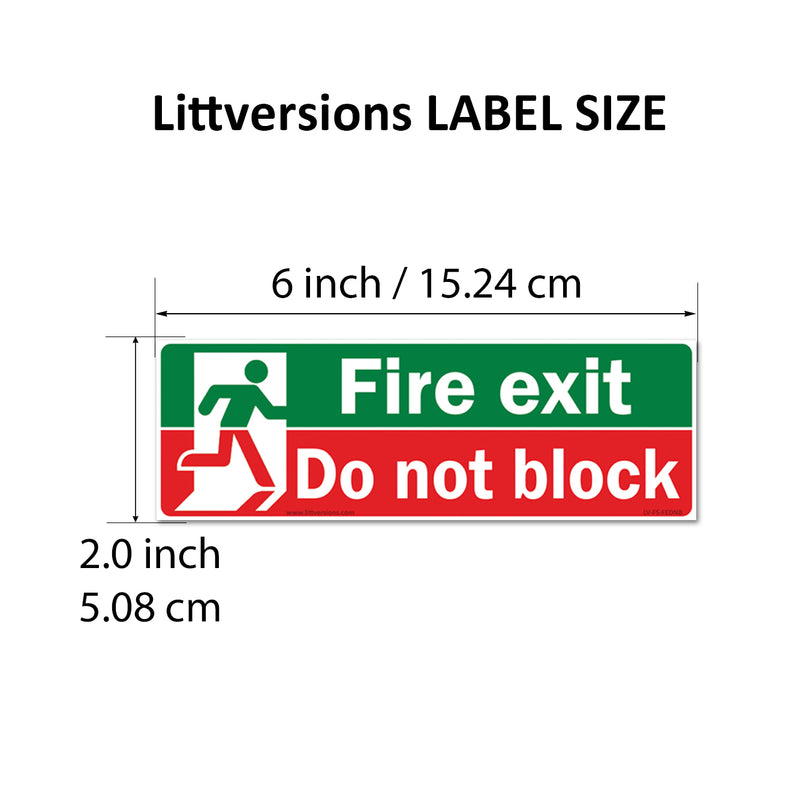 Fire Exit Do Not Block 2x6/3x9/4x12" Sign Label, Keep Clear at All Times Safety Decal, Red, Green & White Permanent Self Adhesive Vinyl | Weatherproof Industrial Door Sticker for Commercial Use