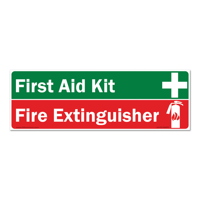 Green First Aid Kit & Red Fire Extinguisher Inside Vertical/Horizontal 2x6/3x9/4x12/7x10/10x14" Labels Industrial Safety Sign Decals, UV Resistant, Warning Stickers Trucks, Vehicles, Facilities, Offices & Warehouses
