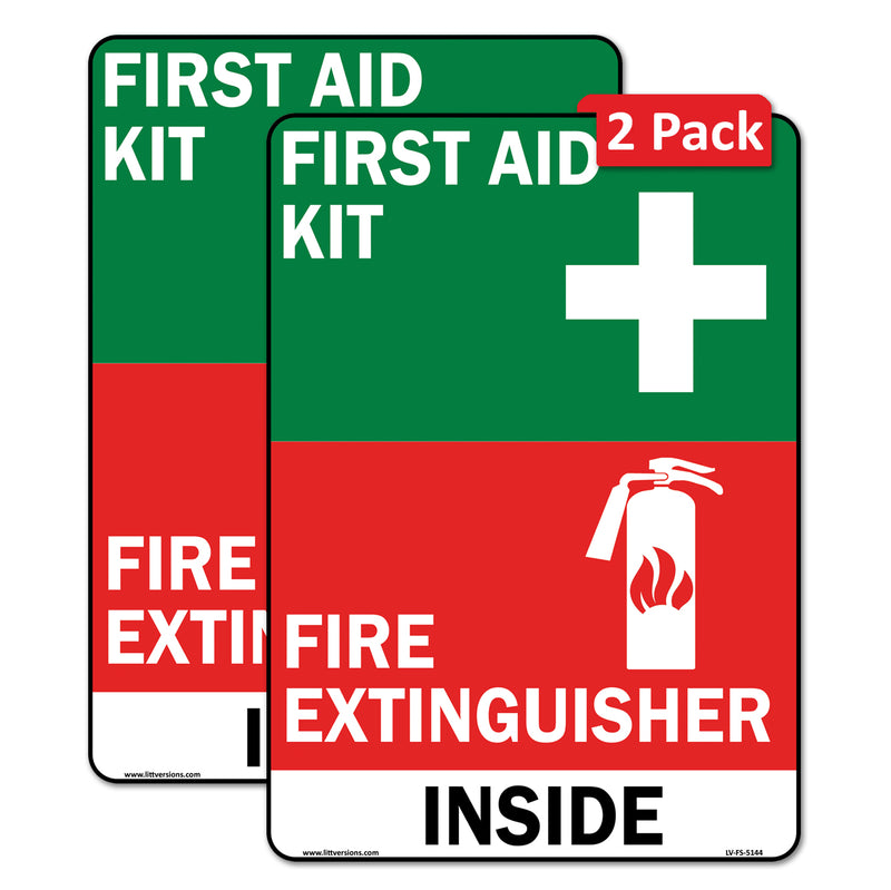 Green First Aid Kit & Red Fire Extinguisher Inside Vertical/Horizontal 2x6/3x9/4x12/7x10/10x14" Labels Industrial Safety Sign Decals, UV Resistant, Warning Stickers Trucks, Vehicles, Facilities, Offices & Warehouses