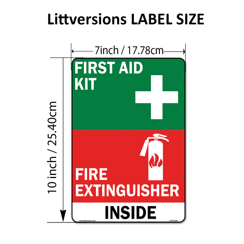Green First Aid Kit & Red Fire Extinguisher Inside Vertical/Horizontal 2x6/3x9/4x12/7x10/10x14" Labels Industrial Safety Sign Decals, UV Resistant, Warning Stickers Trucks, Vehicles, Facilities, Offices & Warehouses