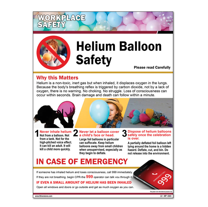 Workplace Safety Helium Balloon Warning Facility Safety Poster Label Sign Laminated Vinyl Waterproof, High-Visibility Decal Warehouses, Venues, Retail, and Commercial Buildings